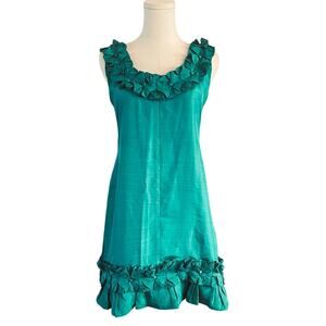 Anthropologie Teal 100% Silk Ruffle Neck & Hem Shift Dress Size Small